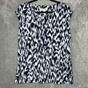 Calvin Klein XL Shirt Top Blue Black Abstract Sleeveless Keyhole Scoop Neck